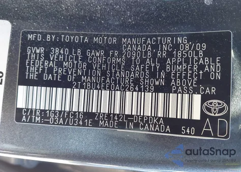 2010 Toyota Corolla Le z USA, uszkodzony, nr VIN 2T1BU4EE0AC264139